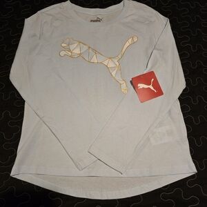 Puma Girl's Long Sleeve Logo‎ Shirt Icy Blue NWT Size 8/10 Medium
